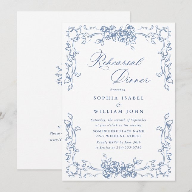 Invitation Dîner de répétition bleu de la Renaissance (Devant / Derrière)