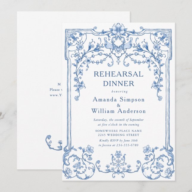 Invitation Dîner de répétition bleu Dusty Ornate de Victoria (Devant / Derrière)