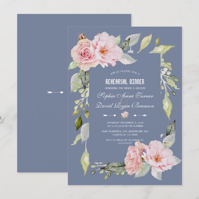 Invitation Dîner de répétition bleu Dusty rose floral de char (Devant / Derrière)