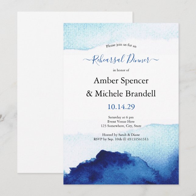 Invitation Dîner de répétition bleu Indigo Aquarelle moderne (Devant / Derrière)