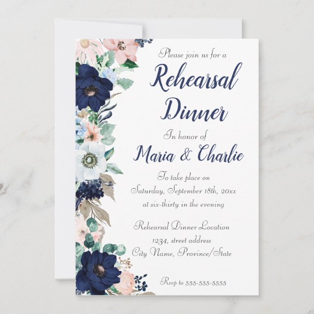 Invitation Dîner de répétition bleu marine Élégantes fleurs (Devant)