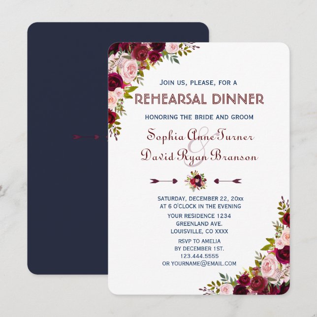 Invitation Dîner de répétition bleu Marsala Floral Navy (Devant / Derrière)