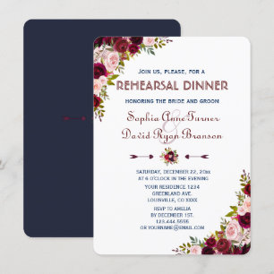 Invitation Dîner de répétition bleu Marsala Floral Navy