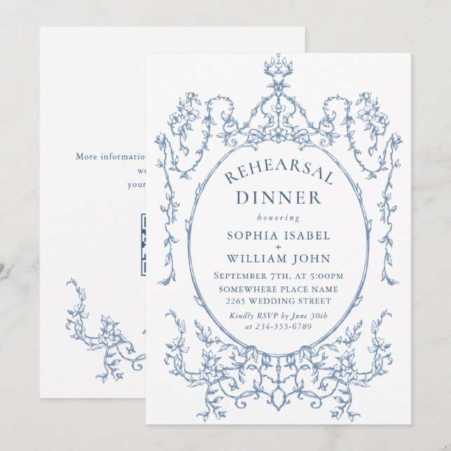 Invitation Dîner de répétition bleu victorien Dusty Code QR (Devant / Derrière)