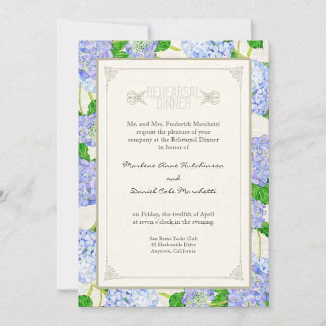 Invitation Dîner de répétition - Blue Hydrangea Lace Floral (Devant)