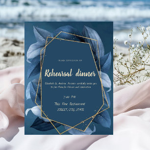 Invitation Dîner de répétition Blue Leaves Gold Frame