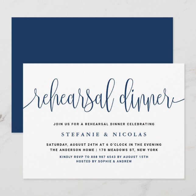 Invitation Dîner de répétition Blue Pretty Calligraphy (Devant / Derrière)