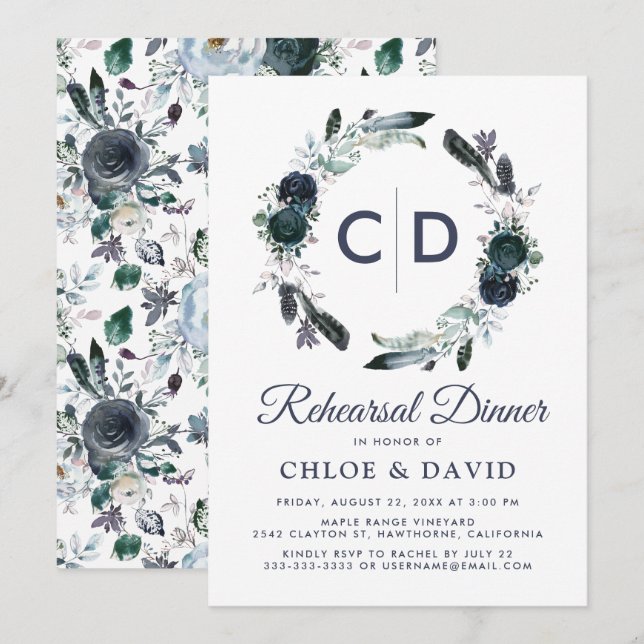 Invitation Dîner de répétition bohème rustique bleu floral (Devant / Derrière)