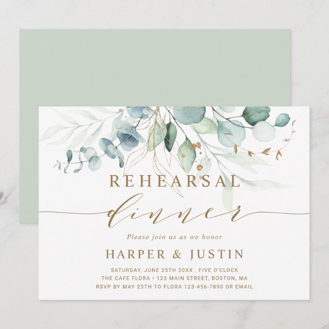 Invitation Dîner de répétition botanique or et vert (Devant / Derrière)