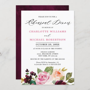 Invitation Dîner de répétition botanique rose prune violet