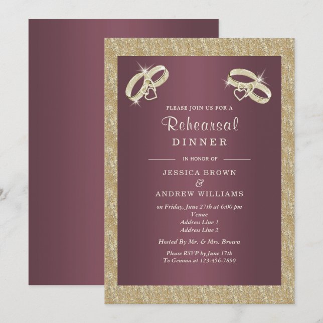 Invitation Dîner de répétition Burgandy, Sparkly Gold Rings (Devant / Derrière)