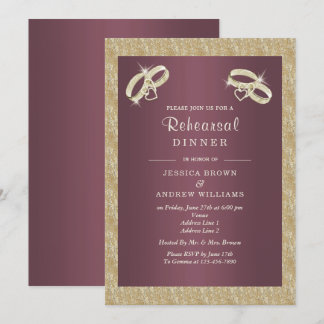Invitation Dîner de répétition Burgandy, Sparkly Gold Rings