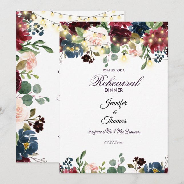 Invitation Dîner de répétition Burgundy & Bleu Anglais Fleurs (Devant / Derrière)