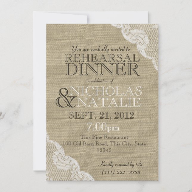 Invitation Dîner de répétition Burlap Look (Devant)