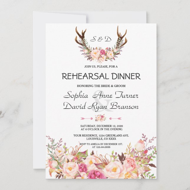 Invitation Dîner de répétition Charm Rose Blush Floral (Devant)