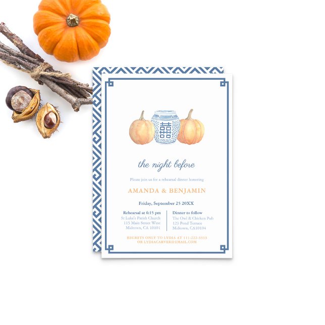 Invitation Dîner de répétition Chinoiserie Blue & Orange Citr (Navy Blue With Orange Pumpkins Preppy Wedding Rehearsal And Dinner Invitation)