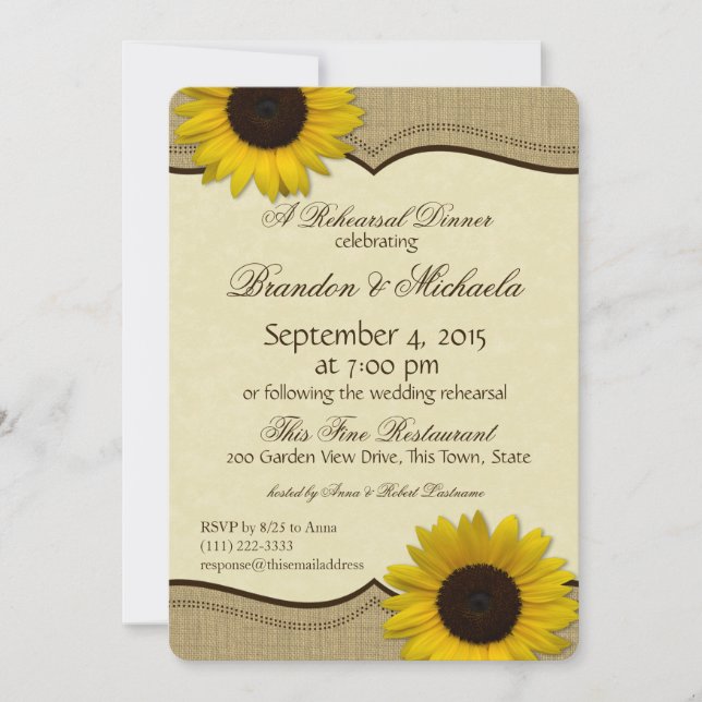 Invitation Dîner de répétition Country Sunflower et Burlap (Devant)
