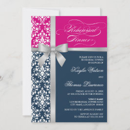 Invitation Dîner de répétition Damask Faux Silver Ribbon