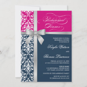 Invitation Dîner de répétition Damask Faux Silver Ribbon