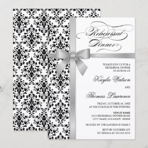 Invitation Dîner de répétition Damask Faux Silver Ribbon