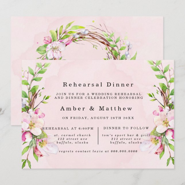 Invitation Dîner de répétition d'aquarelle des fleurs d'arbre (Devant / Derrière)