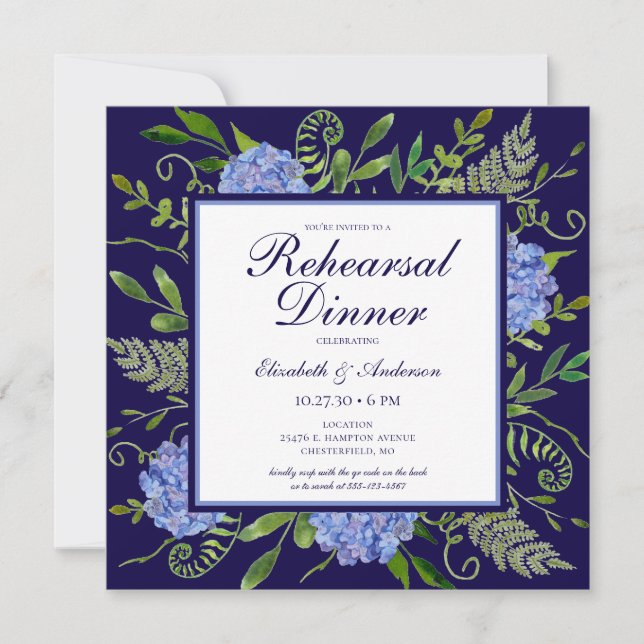 Invitation Dîner de répétition d'aquarelle florale Blue Hydra (Devant)