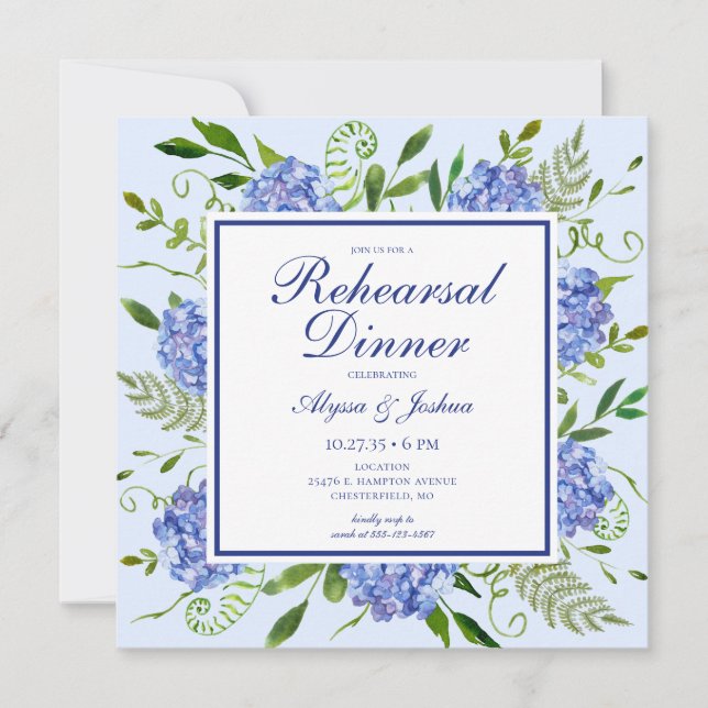 Invitation Dîner de répétition d'aquarelle florale Blue Hydra (Devant)