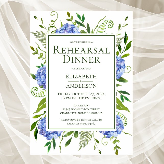 Invitation Dîner de répétition d'aquarelle florale Blue Hydra (Créateur téléchargé)