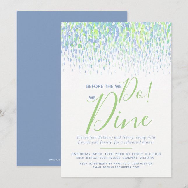 Invitation Dîner de répétition d'art bleu vert dab avant de f (Devant / Derrière)