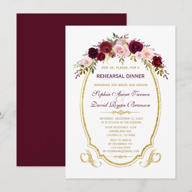 Invitation Dîner de répétition d'automne Chic Burgundy Marsal (Devant / Derrière)