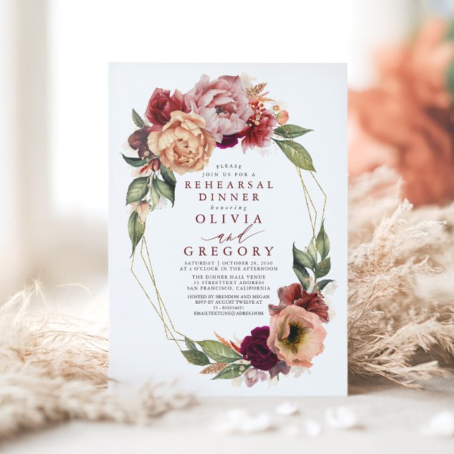 Invitation Dîner de répétition d'automne rouge Orange Bourgog (Fall Rehearsal Dinner Invitation)