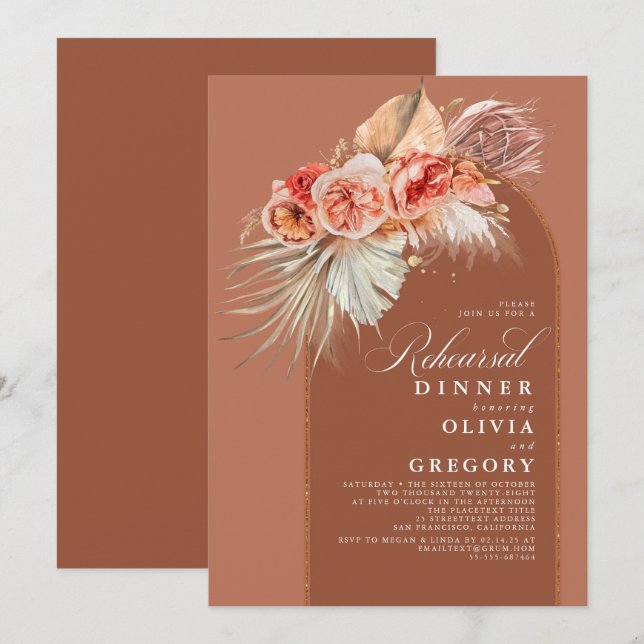 Invitation Dîner de répétition de basse en terracotta Floral  (Devant / Derrière)