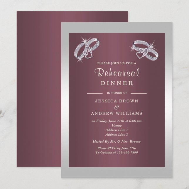 Invitation Dîner de répétition de Burgandy et anneaux d'argen (Devant / Derrière)