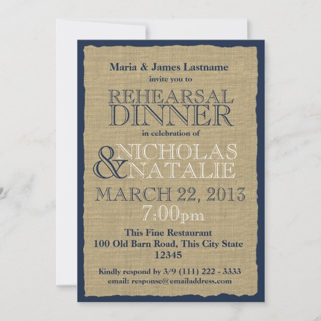Invitation Dîner de répétition de Burlap Look Marine Blue (Devant)