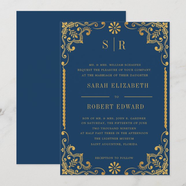 Invitation Dîner de répétition de cadre bleu or de la marine (Devant / Derrière)
