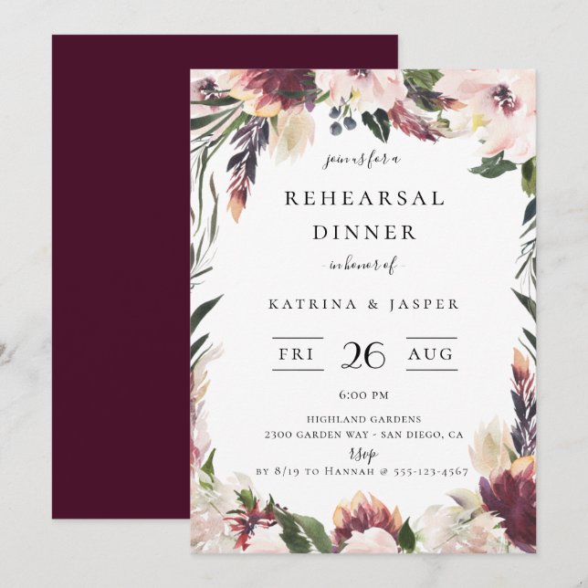 Invitation Dîner de répétition de cadre floral prune blush (Devant / Derrière)