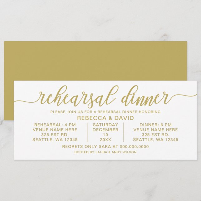 Invitation Dîner de répétition de calligraphie or et blanc (Devant / Derrière)
