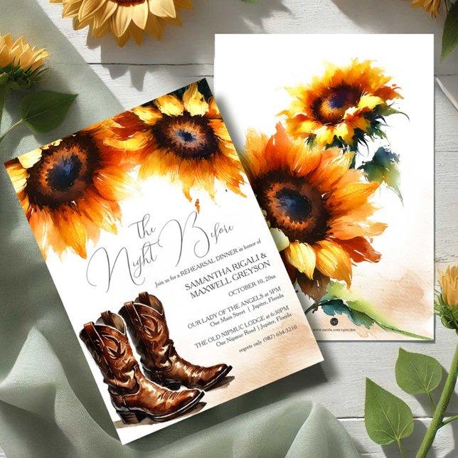 Invitation Dîner de répétition de campagne à l'aquarelle rust (Country sunflower rehearsal dinner invitations with cowboy boots.)