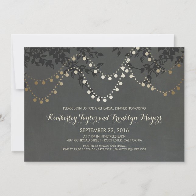 Invitation Dîner de répétition de Chalkboard Gold String (Devant)
