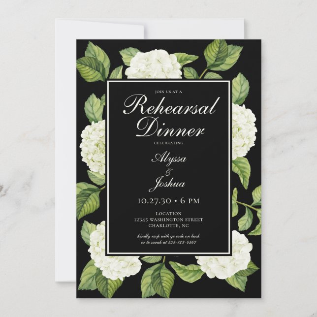 Invitation Dîner de répétition de code QR Hydrangeas blanc (Devant)