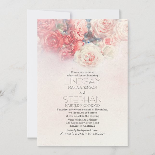 Invitation dîner de répétition de couleur aquarelle rose pâle (Devant)