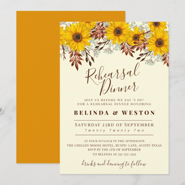 Invitation Dîner de répétition de fleurs de tournesol rustiqu (Devant / Derrière)