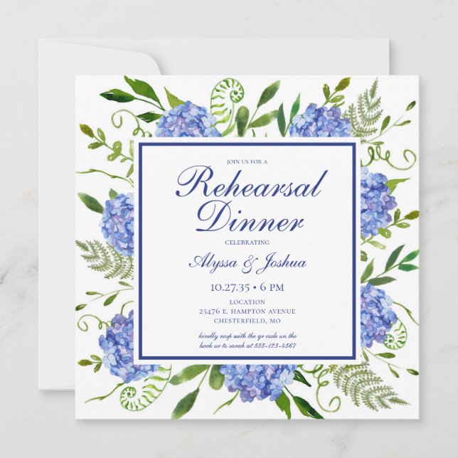 Invitation Dîner de répétition de fleurs d'hydrangea bleues a (Devant)