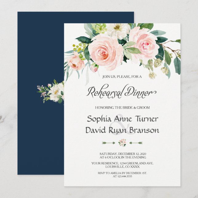 Invitation Dîner De Répétition De Fleurs Roses De Charme (Devant / Derrière)