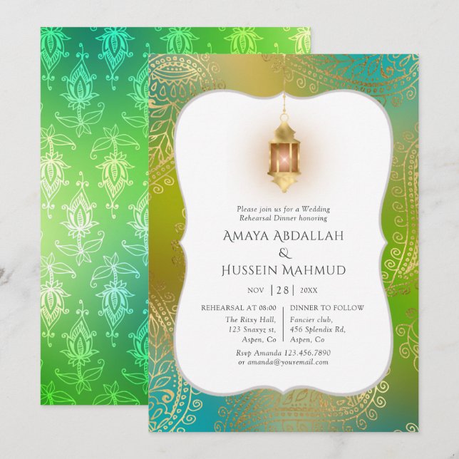 Invitation Dîner de répétition de Gold Foil Arabian Bollywood (Devant / Derrière)