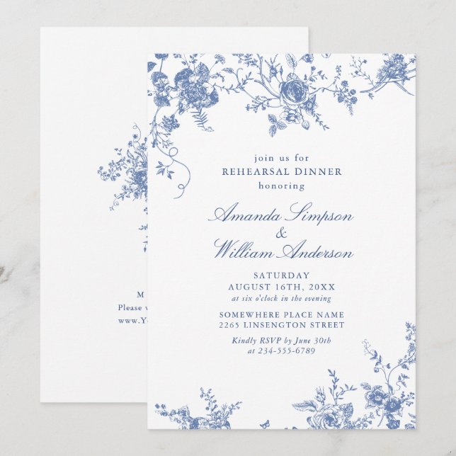 Invitation Dîner de répétition de jardin victorien bleu franç (Devant / Derrière)