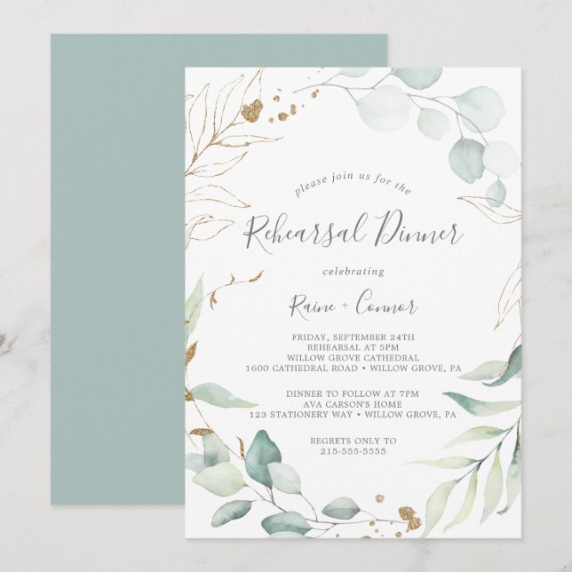 Invitation Dîner de répétition de la feuille d'or et de verdu (Devant / Derrière)