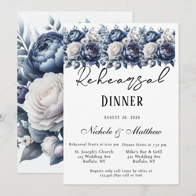 Invitation Dîner de répétition de la Marine Blue Peonies et R (Devant / Derrière)