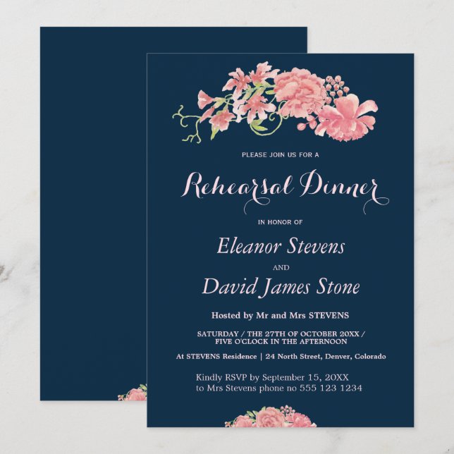 Invitation Dîner de répétition de la marine florale et du mar (Devant / Derrière)
