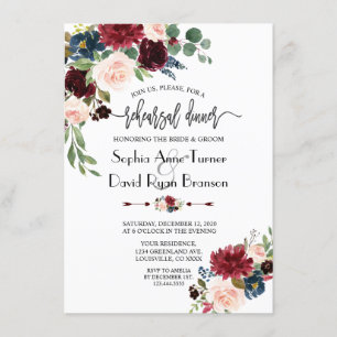 Invitation Dîner de répétition de la Marine Merlot Floral